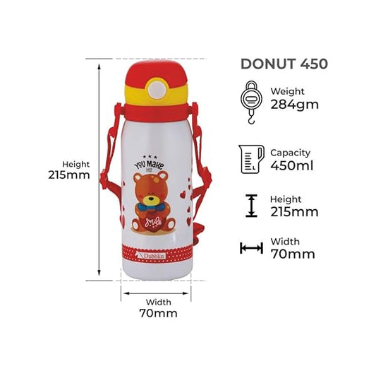 Dubblin Donut Stainless Steel Double Wall Vacuum Insulated BPA Free Water Bottle for Kids with Anti Skid Bottom & Leak Proof Lid, Sports Thermo Flask Keeps Hot 6 Hours, Cold 12 Hours (Red 450 ML)