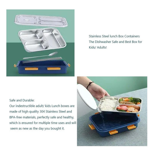 LAXSON Lunch Box Sealed Leakage Proof Stainless Steel Lunch Box with Fork Chopstick & Spoon Lid Office Food Container for School Kids and Adults 750ml (Blue, 3 Compartment)