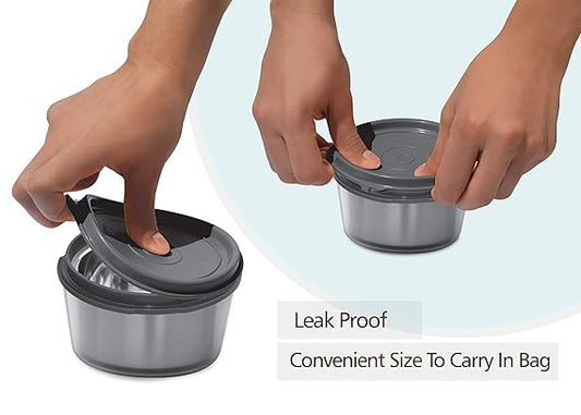MILTON Nutri Lunch Box with Insulated Bag, 2 Microware Safe Inner Stainless Steel Containers 320 ml Each, Leak-Proof Tiffin for Office, College, Picnic, Grey