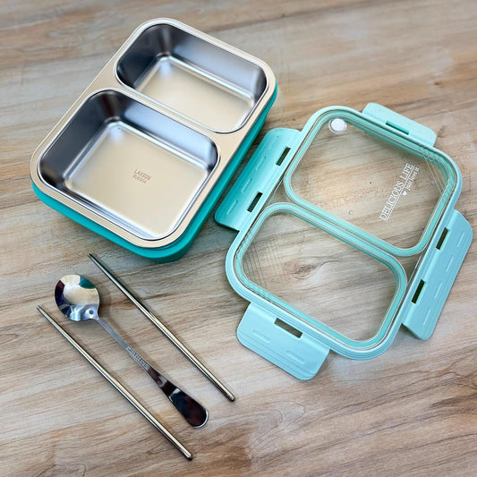 LAXSON Individual Seal Lunch Box – Stainless Steel 3 Compartment Tiffin Box for Kids & Adults | Leak-Resistant, Durable & Reusable | Hand Wash Safe | (Blue)