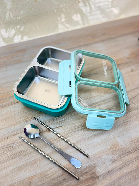LAXSON Individual Seal Lunch Box – Stainless Steel 3 Compartment Tiffin Box for Kids & Adults | Leak-Resistant, Durable & Reusable | Hand Wash Safe | (Blue)