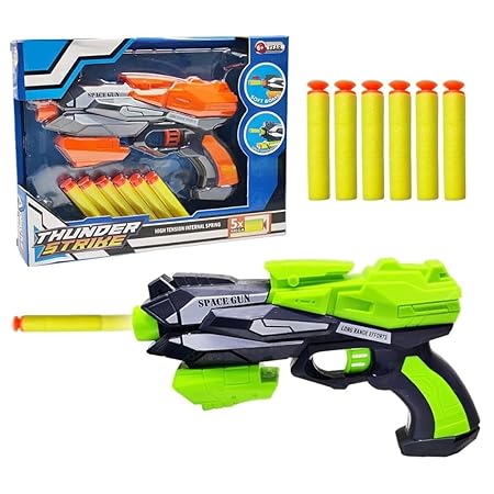 KV Toys Thunder Strike Space Gun Toy with 6 Soft Foam Bullets, Long Range Blaster, Orange and Grey, Ages 6+