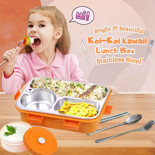 FOODDICT Bright & Beautiful Koi-Koi Kawaii Lunch Box Insulated Airtight Portable Lunch Box with Utensils, Stainless Steel Lunch Box with Containers, Leak Proof Bento Box for Kids, Adults, Men Women (Orange) - 750 Ml