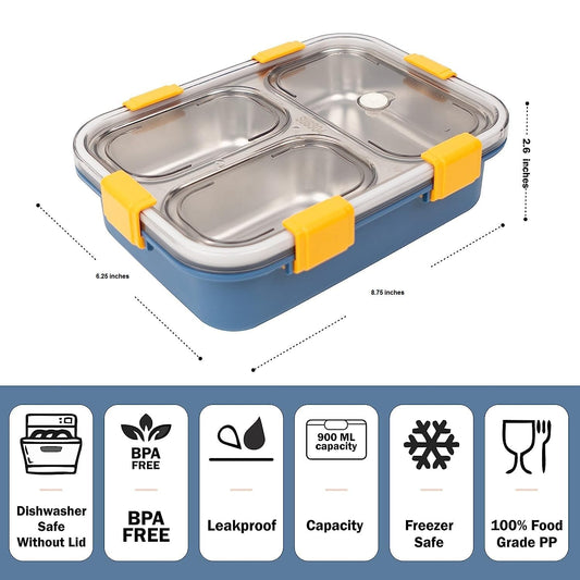 LAXSON Lunch Box Sealed Leakage Proof Stainless Steel Lunch Box with Fork Chopstick & Spoon Lid Office Food Container for School Kids and Adults 750ml (Blue, 3 Compartment)