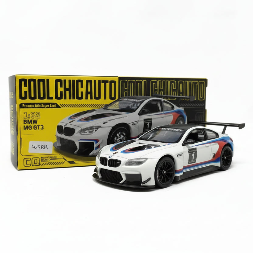 Boxed model car of BMW M6 GT3 by CoolChicAuto on a white background